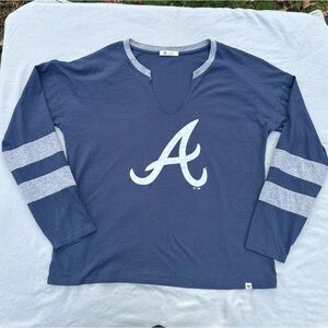 ‘47 Atlanta Braves TShirt V Neck Long Sleeve Dark Blue W/ Gray Stripes A Logo L